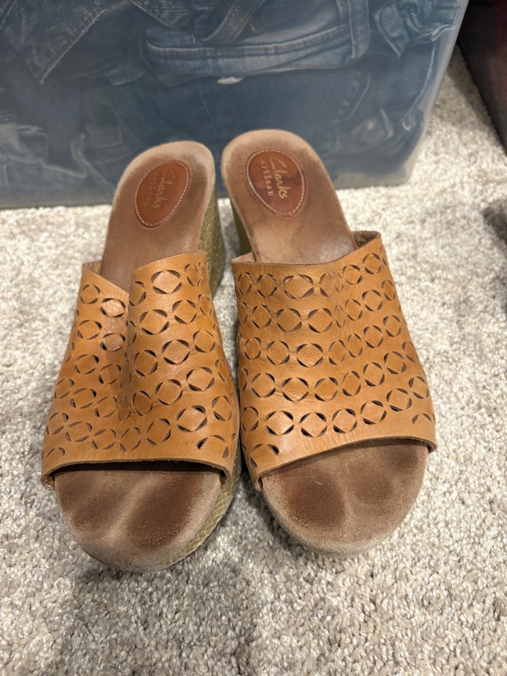 Clarks Cognac Perforated Leather Wedge Slide Sandals